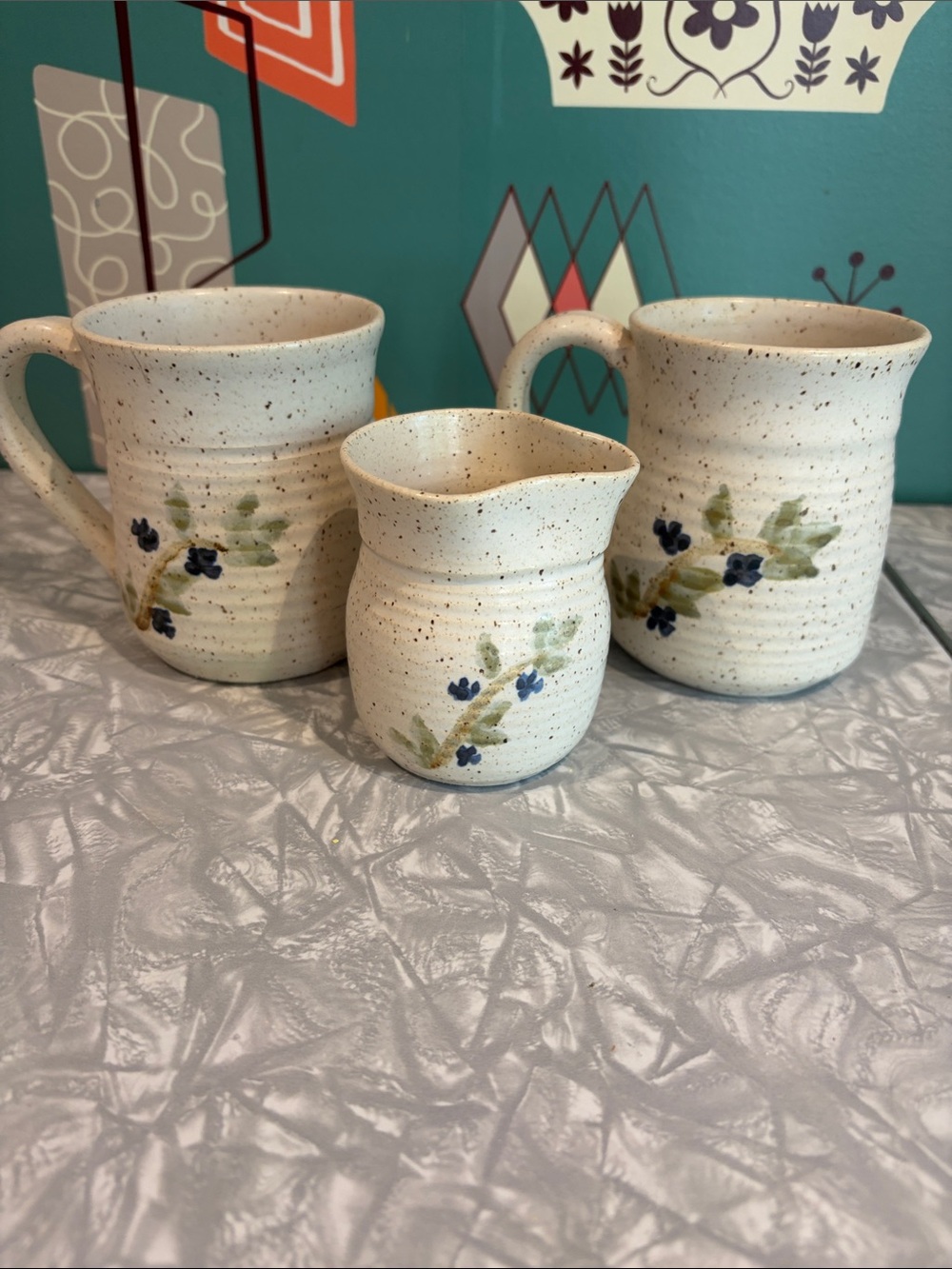 3 piece Sara Bonnyman pottery Mugs & Creamer. Blueberry. Nova Scotia.